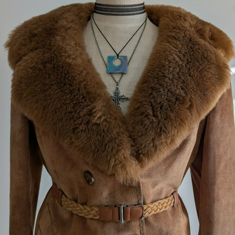 Vintage Brown Suede Penny Lane Coat Fur 70s Leather Jacket Boho Afghan Medium