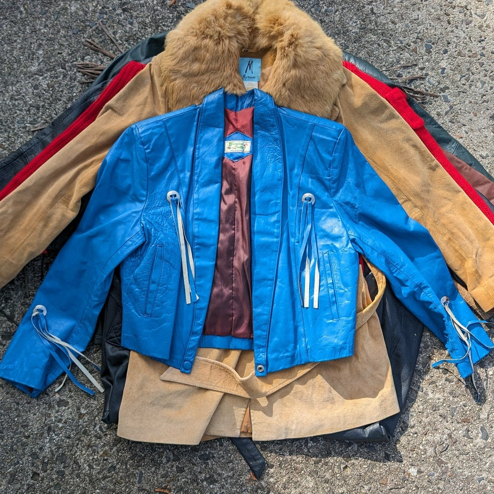 70s Vintage Cropped Fringe Leather Jacket Moto Biker Jacket Western Blue Medium