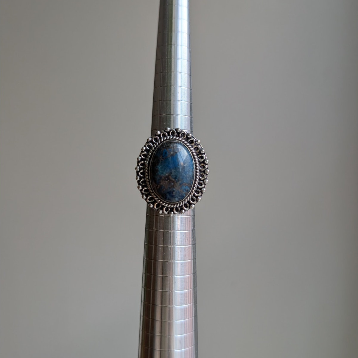 Blue Swirl Oval Sterling Silver Ring Retro Vintage Boho Natural Stone Size 6.75