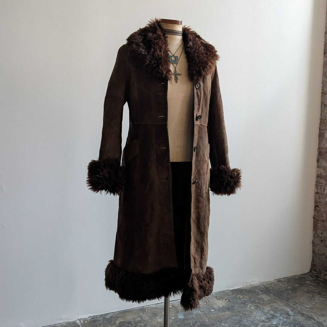 Vintage Brown Suede Penny Lane Jacket Fur Furry Leather Groovy Trench Coat Small
