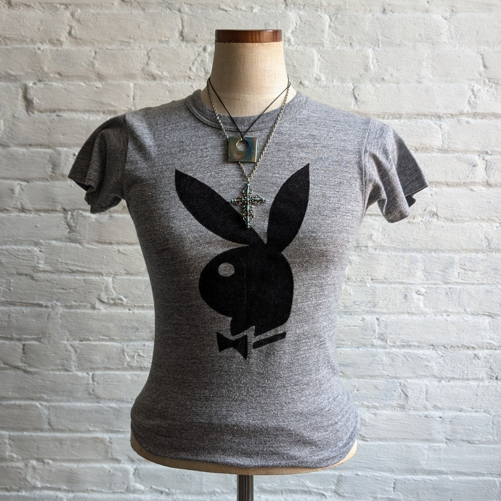 Vintage Velvet Playboy Tee Burnout Graphic Tee 70s Playboy Bunny Grey Top Small