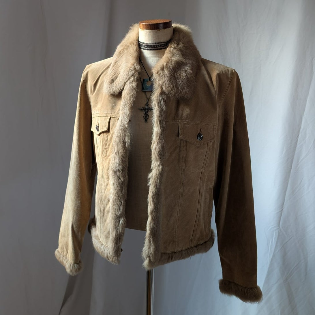 Y2K Vintage Suede Fur Trim Coat L Cropped Neutral Leather Penny Lane Jacket Boho
