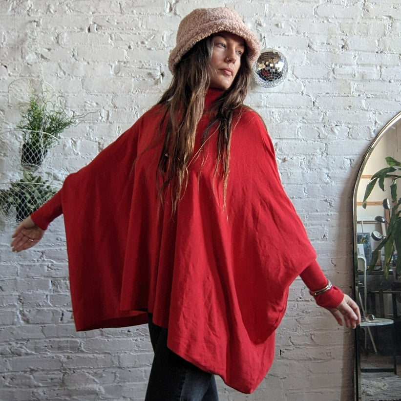 Retro Red Turtleneck Poncho Sweater Oversized Dolman Boho Grunge Cherry Large