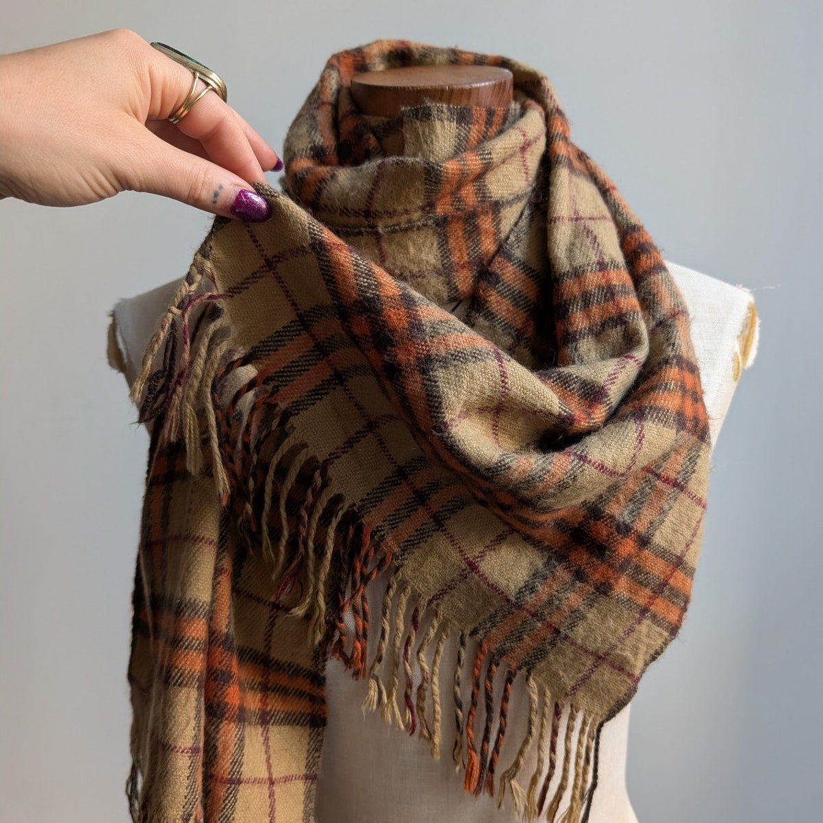 Vintage Orange Plaid Scarf 70s Striped Cashmere Western Fringe Grunge Knit Wrap