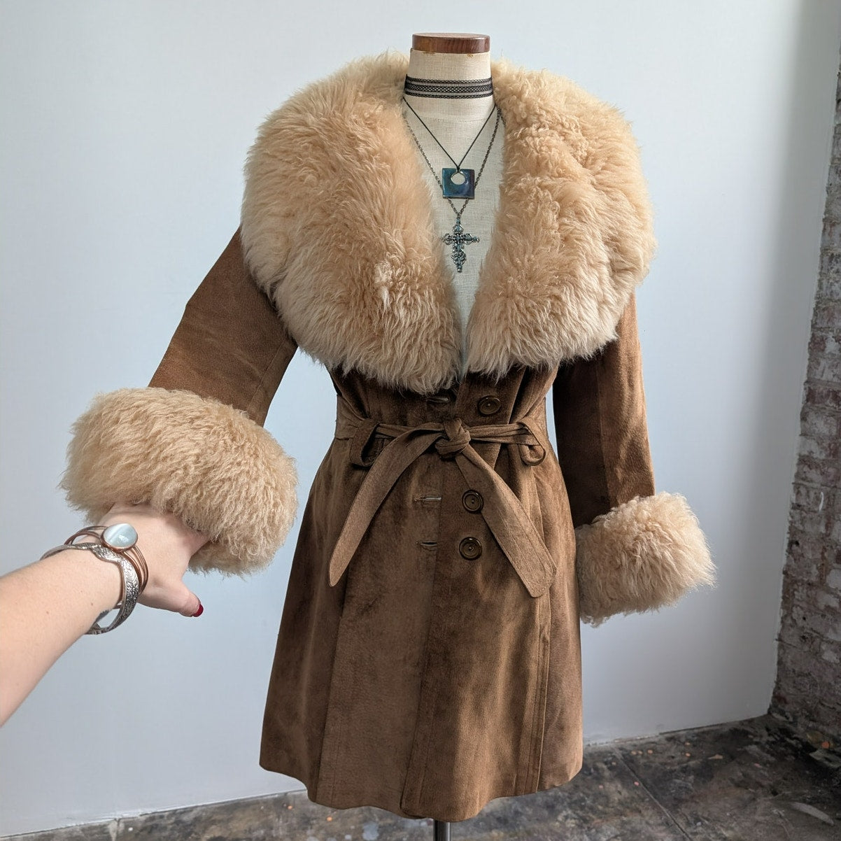 Vintage Brown Suede Fur Coat Boho Tan Leather Penny Lane Jacket Fur Trim Small