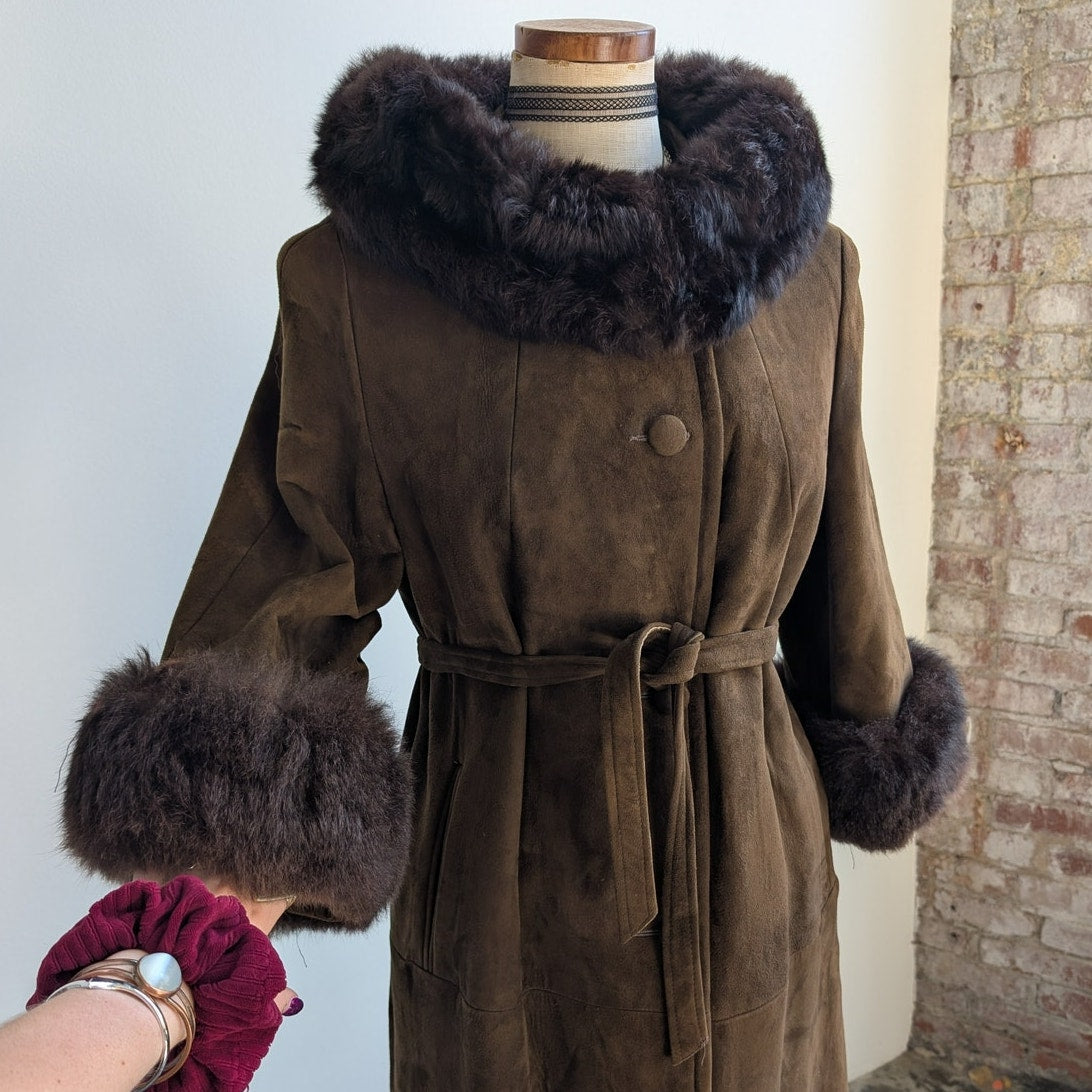 Vintage Brown Suede Penny Lane Jacket Fur Trim Leather Groovy Trench Coat Large