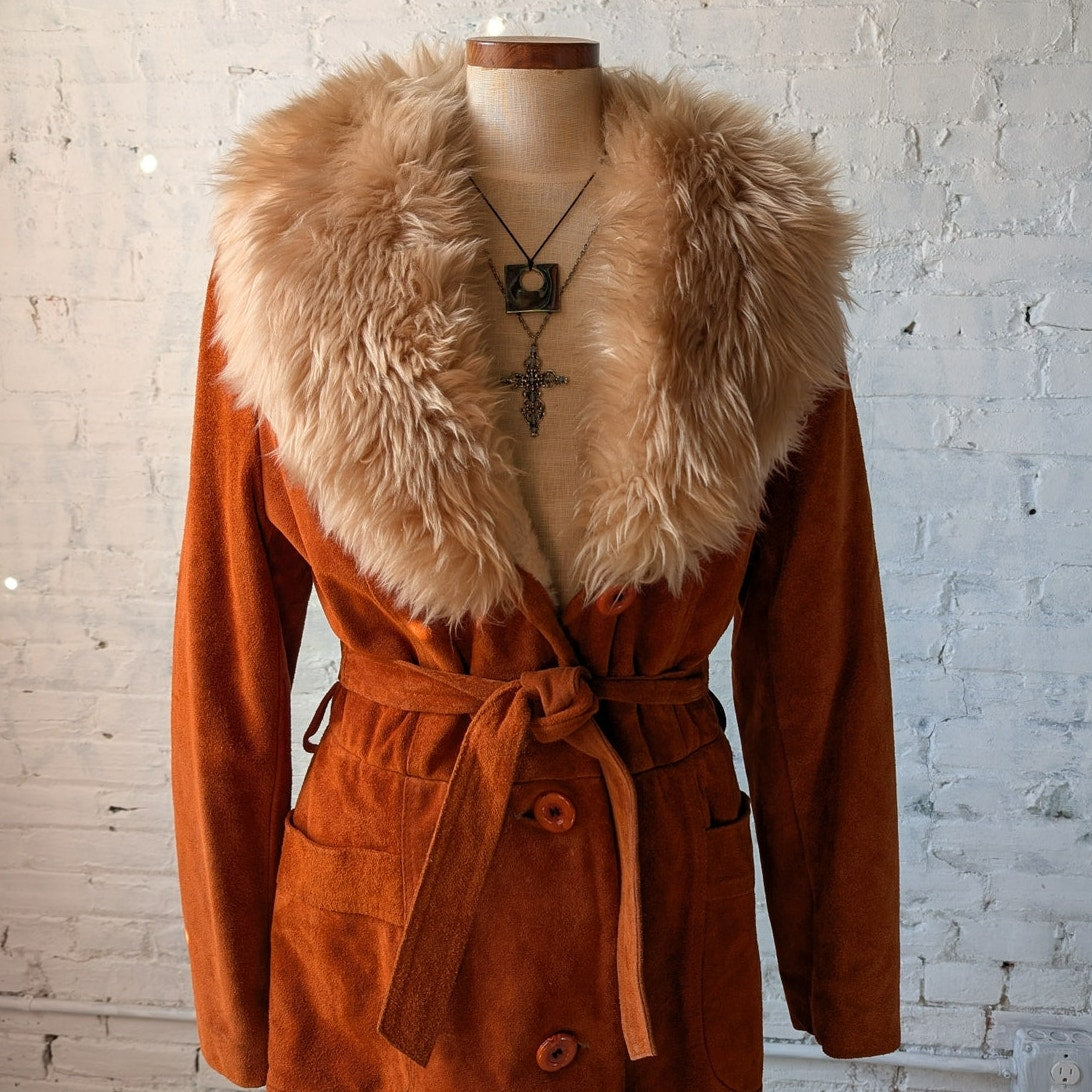 Vintage Orange Suede Penny Lane Jacket Leather Trench Coat Faux Fur Coat Large