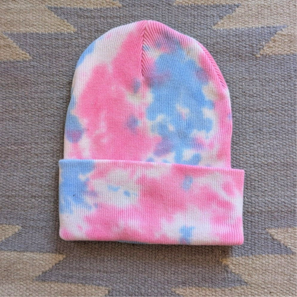 Tie Dye Beanie Blue Pink Cotton Knit Festival Hat Embroidered Exit Bellingham