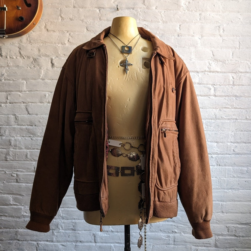 Vintage Brown Genuine Leather Bomber Jacket Aviator Earthtone Pilot Neutral Coat