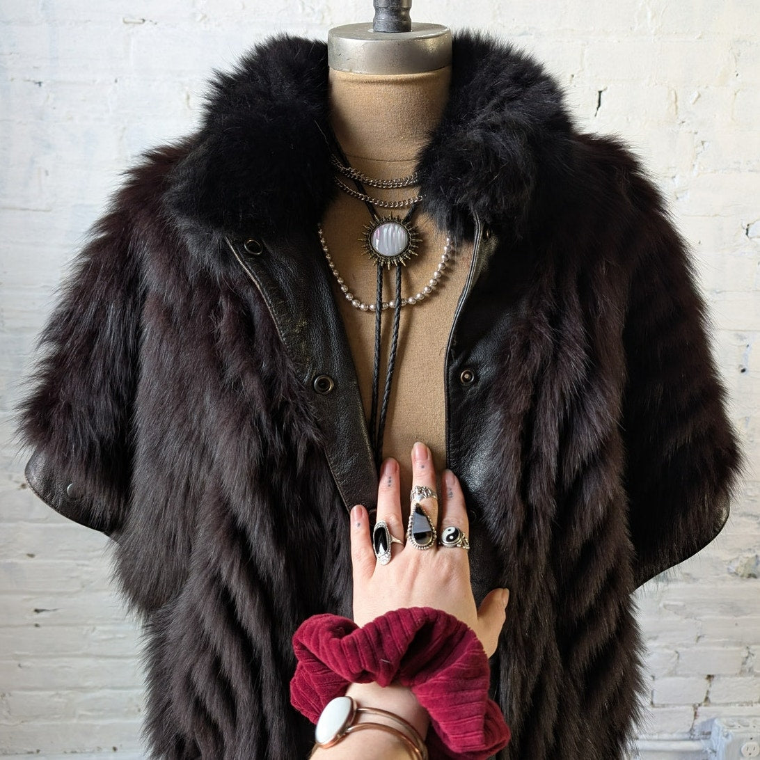 Vintage Black Leather Fox Fur Biker Jacket Minimalist Grunge Goth Moto Vest Coat