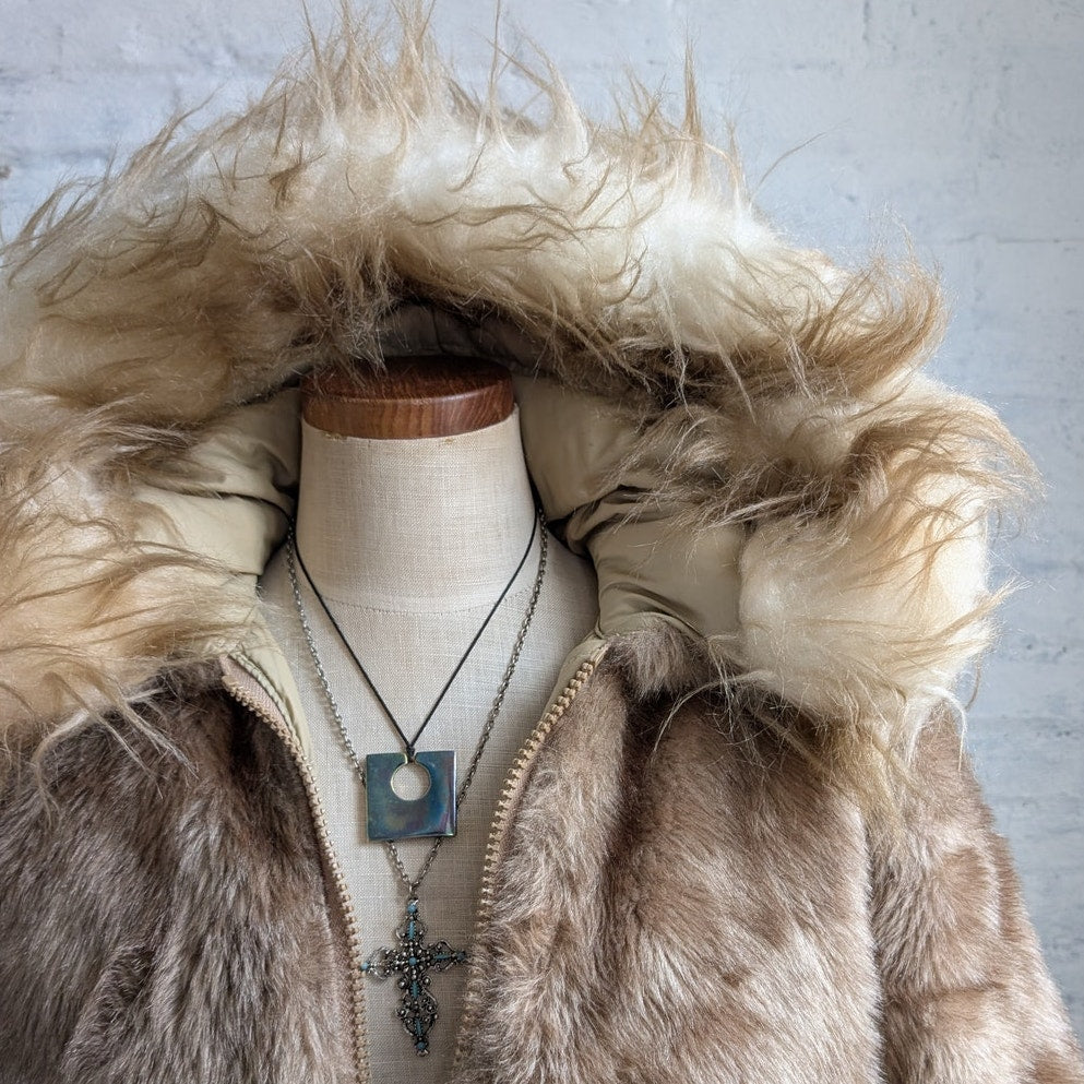 70s Vintage Faux Fur Brown Parka Coat Minimalist Shaggy Fuzzy Hooded Boho Jacket