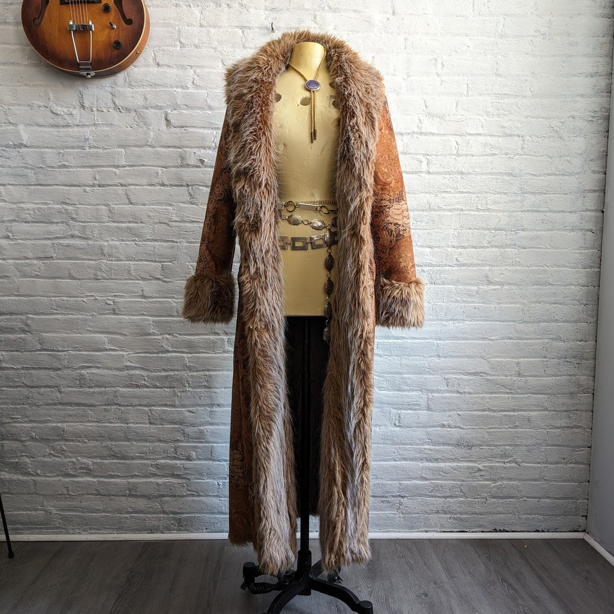 90s Vintage Penny Lane Groovy Faux Fur Jacket S Boho Afghan Tapestry Trench Coat