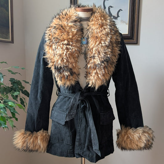 Vintage Black Leather Jacket Suede Fur Coat Penny Lane Trench Boho Afghan Small