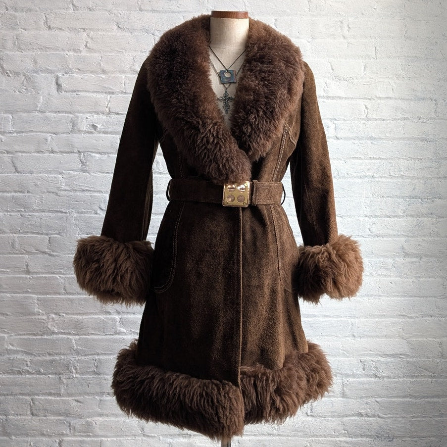 70s Brown Suede Jacket Penny Lane Fur Furry Leather Groovy Vintage Trench Coat