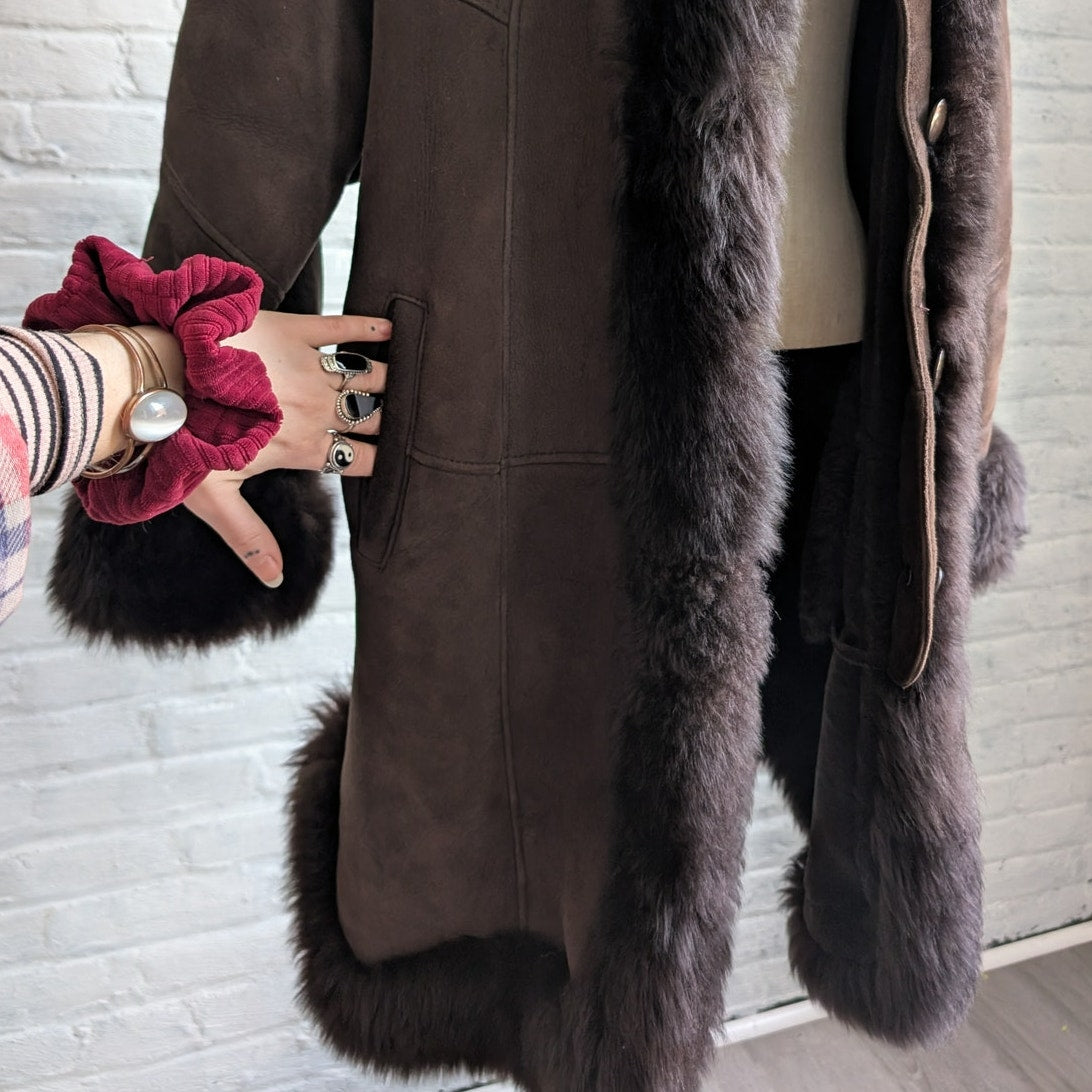 Vintage Brown Suede Fur Jacket Penny Lane Fur Furry Leather Groovy Trench Coat