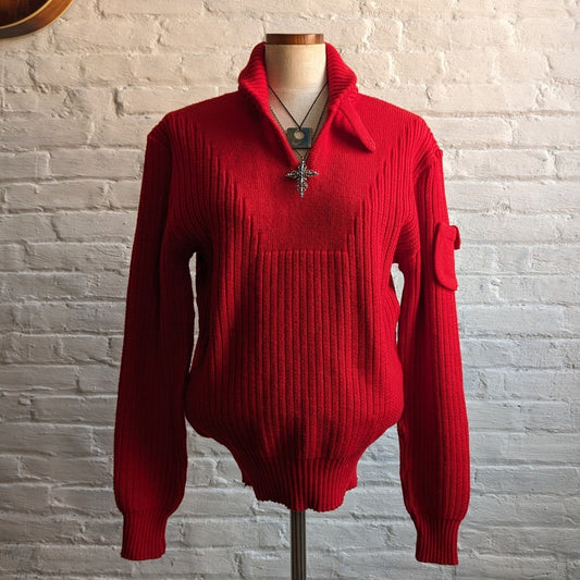 70s Vintage Cable Knit Red Wool Sweater Minimalist Preppy Grandpa Blokecore Top