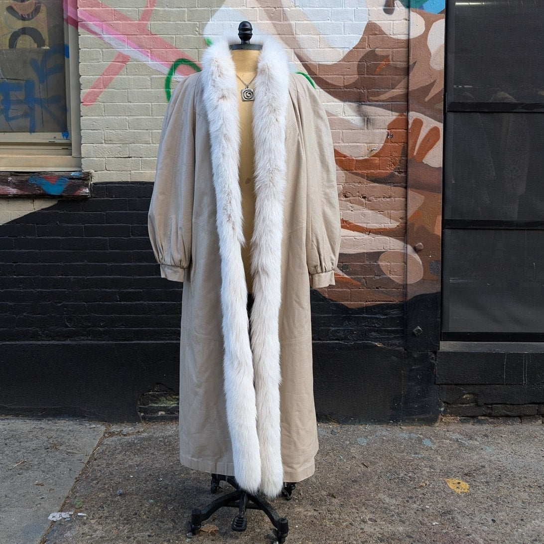 Vintage White Leather Snakeskin Trench Coat Minimalist Penny Lane Fox Fur Jacket