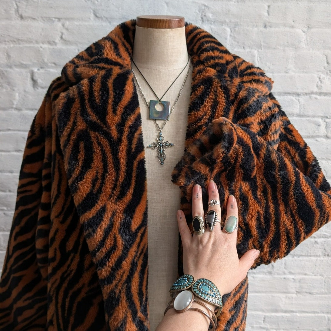 Y2K Orange Cheetah Faux Fur Trench Coat Striped Animal Print Fuzzy Furry Jacket