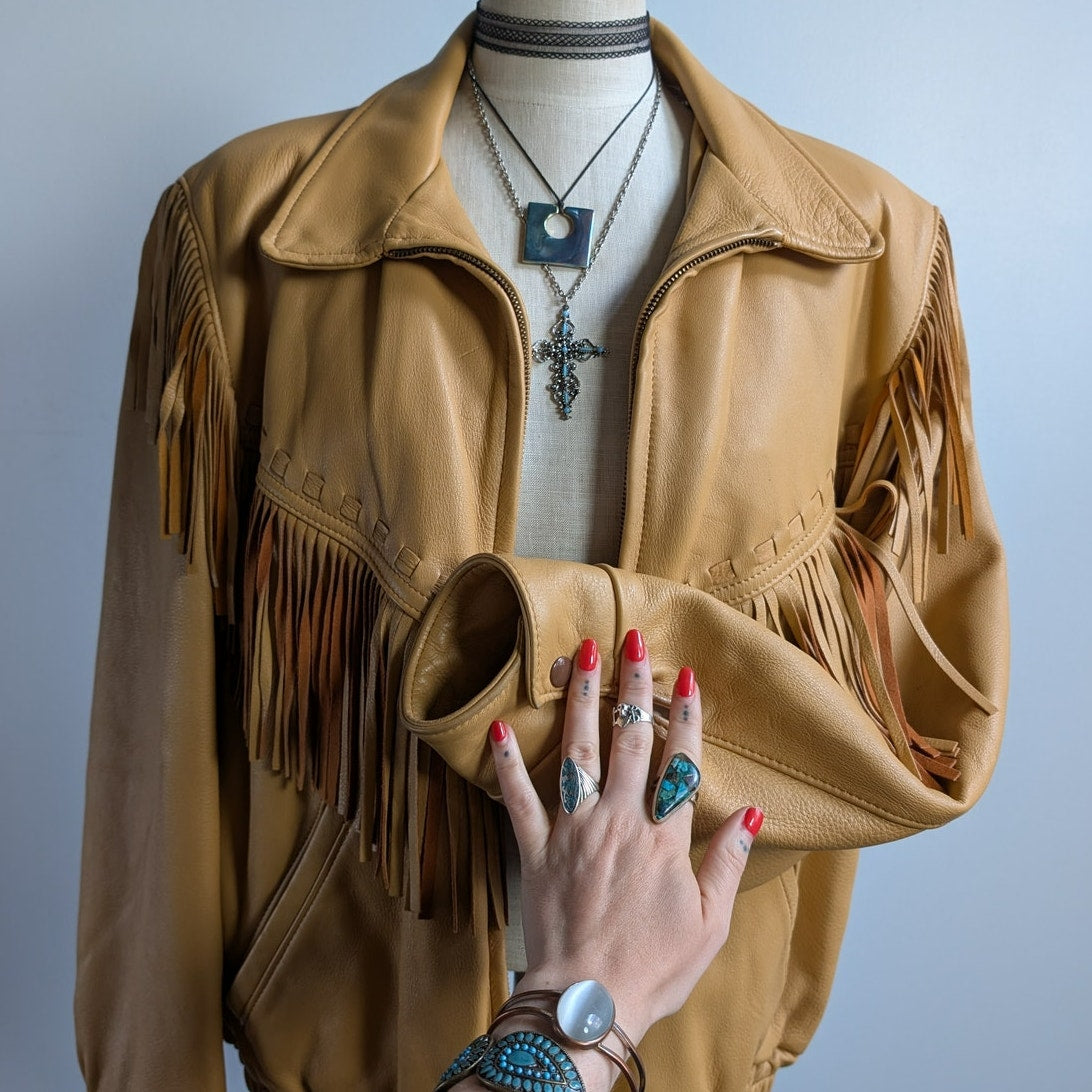 Vintage Neutral Leather Jacket 70s Fringe Biker Western Moto Bomber Coat Large