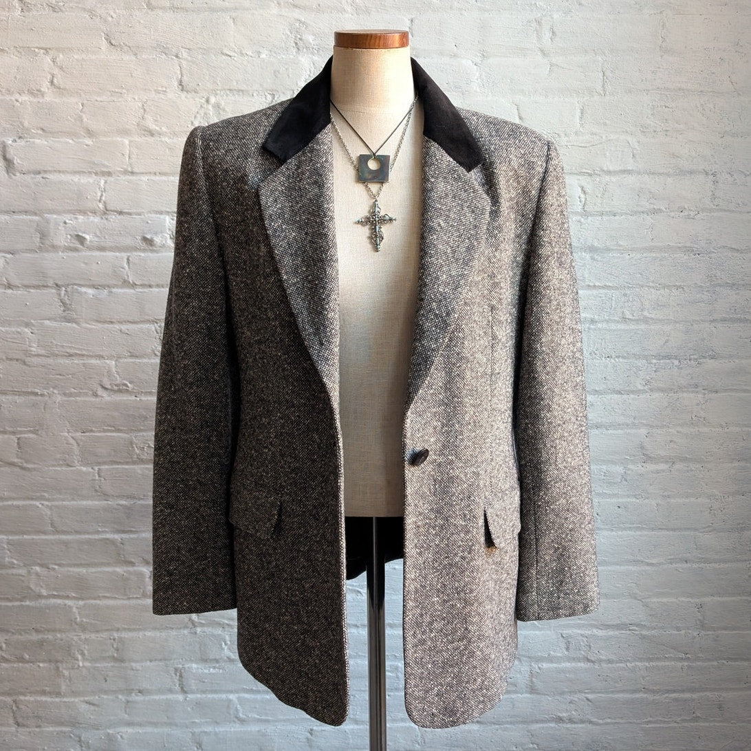 Vintage Gray Wool Blazer Tweed Herringbone Preppy Minimalist Velvet Jacket Large