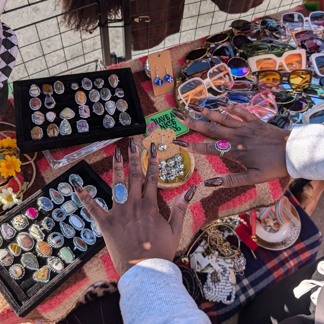Boho Cowgirl Square Sterling Silver Ring Retro Vintage style Natural Stone Size9