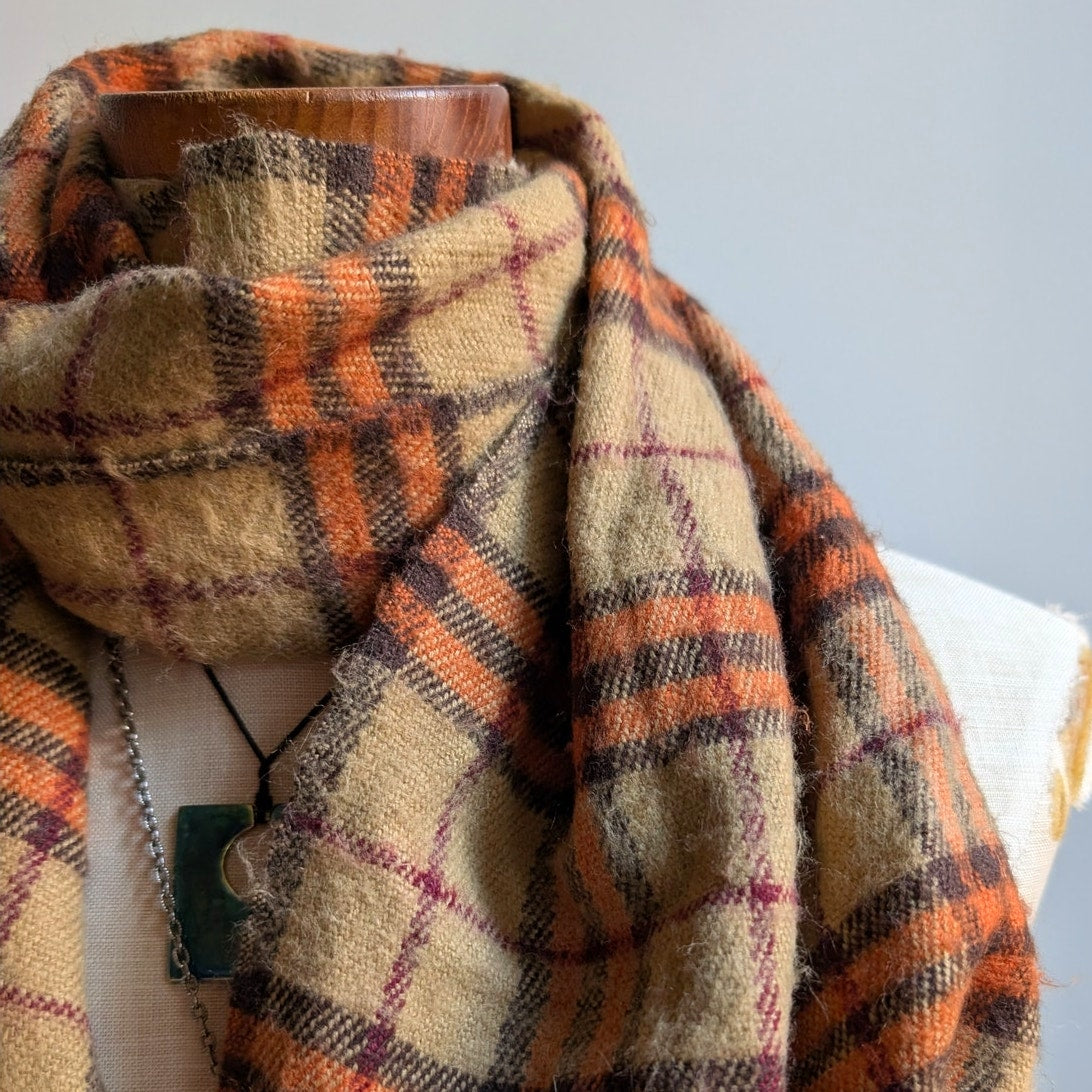 Vintage Orange Plaid Grunge Scarf Cashmere Western 70s Fringe Grunge Knit Wrap