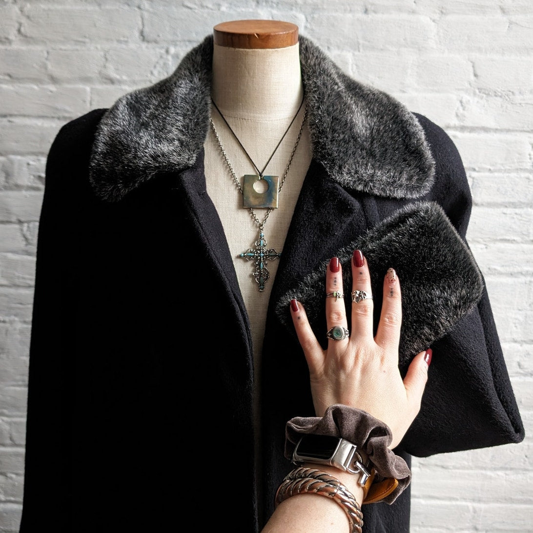 Vintage Black Wool Minimalist Trench Coat Fuzzy Faux Fur Dark Academia Jacket