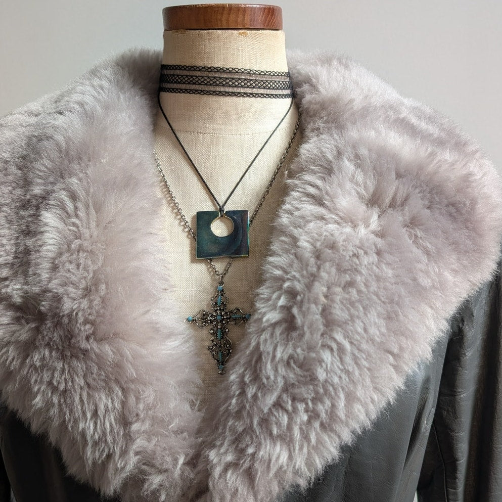 Vintage Blue Grey Leather Shearling Penny Lane Jacket Groovy Trench Coat Medium