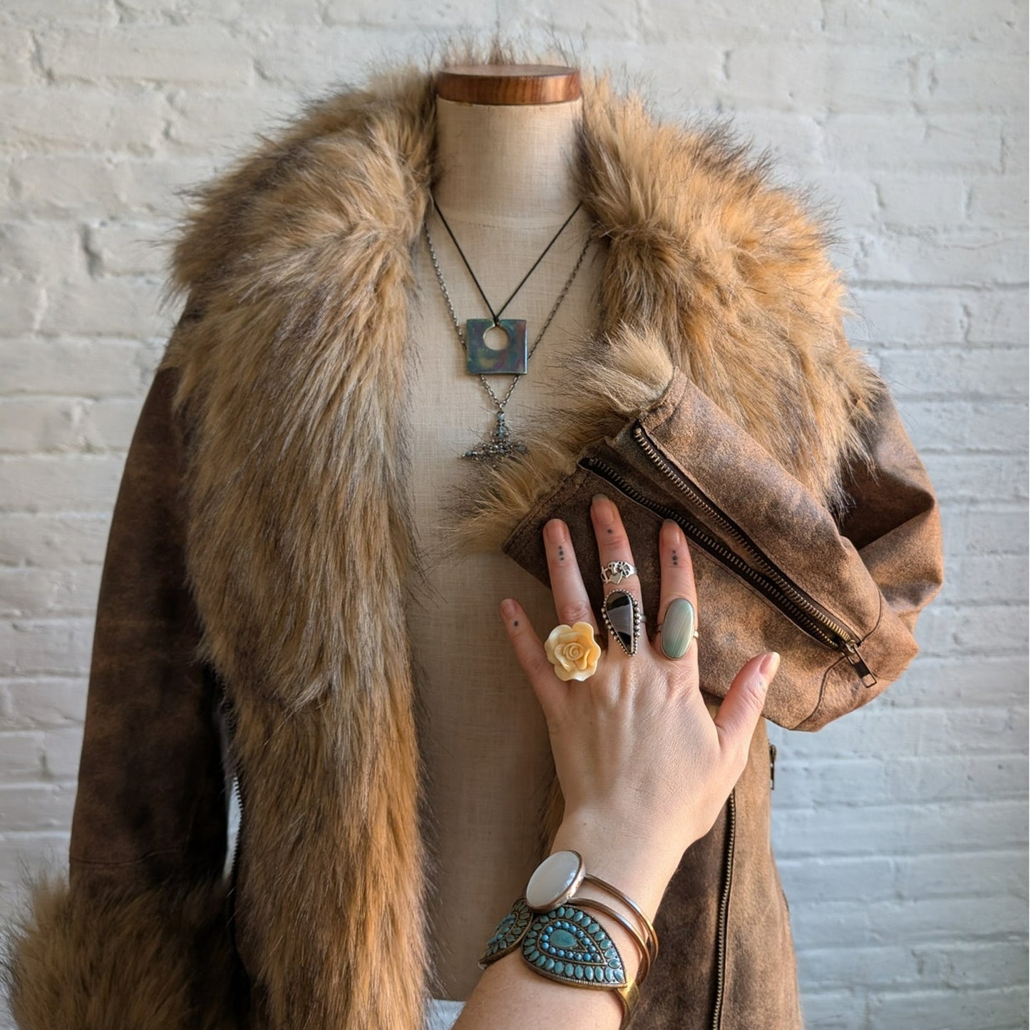 Vintage Brown Leather Fur Penny Lane Jacket Groovy Afghan Almost Famous Y2K Coat