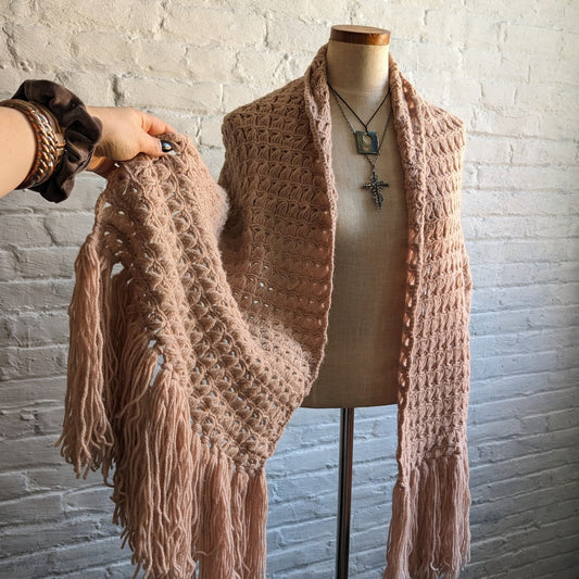 Vintage Handknit Crochet Fringe Scarf Boho Minimalist Earthcore Oversize Shawl