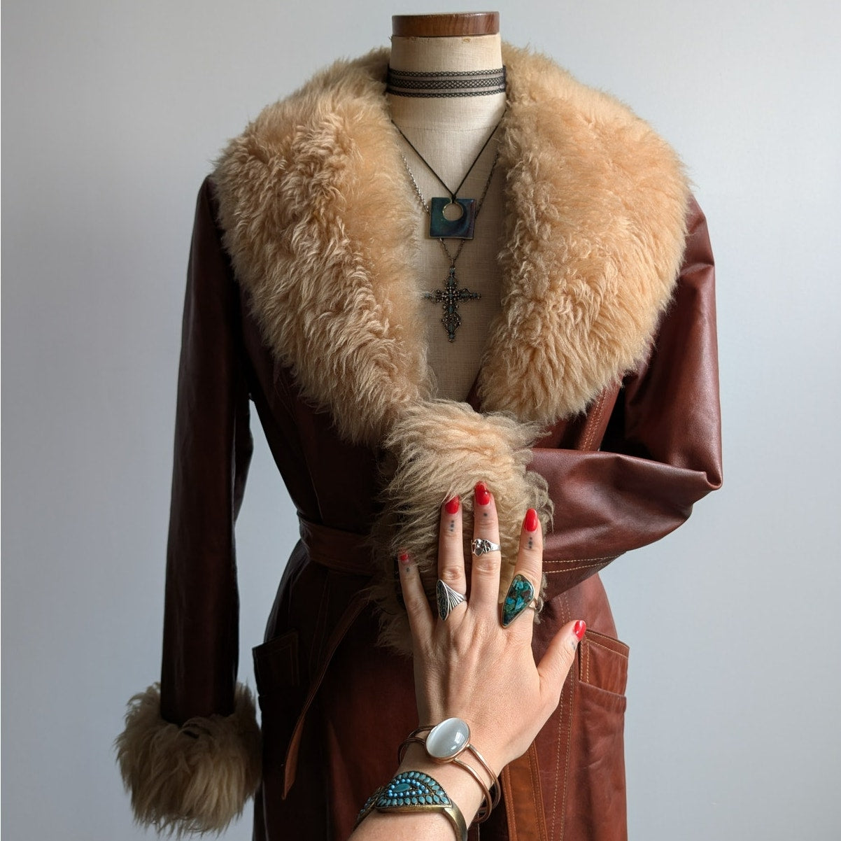 Vintage Leather Jacket Red Brown 70s Penny Lane Trench Coat Afghan Fur Medium