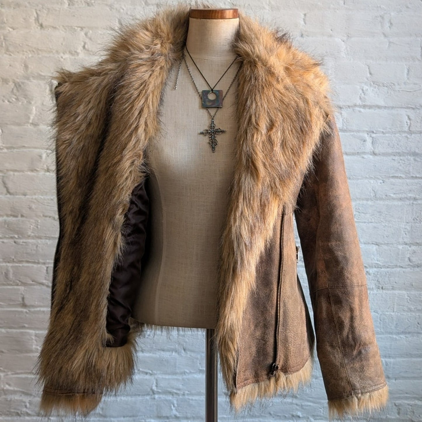 Vintage Brown Leather Fur Penny Lane Jacket Groovy Afghan Almost Famous Y2K Coat