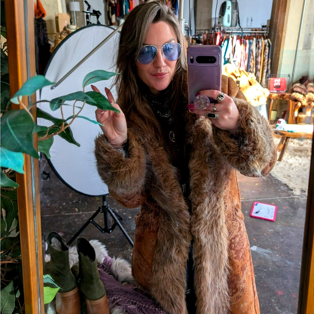 90s Vintage Penny Lane Groovy Faux Fur Jacket S Boho Afghan Tapestry Trench Coat