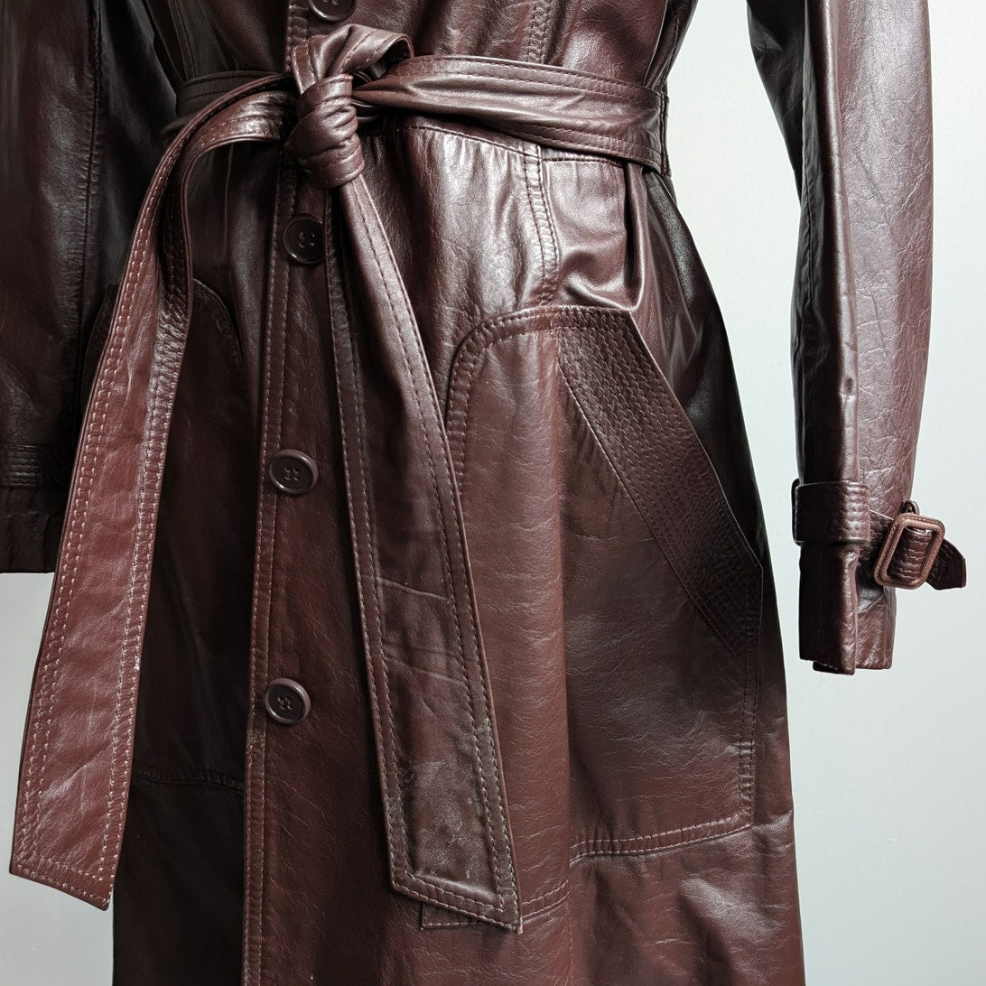 Vintage Brown Red Leather Jacket Minimalist Grunge Chic Biker Trench Coat Large