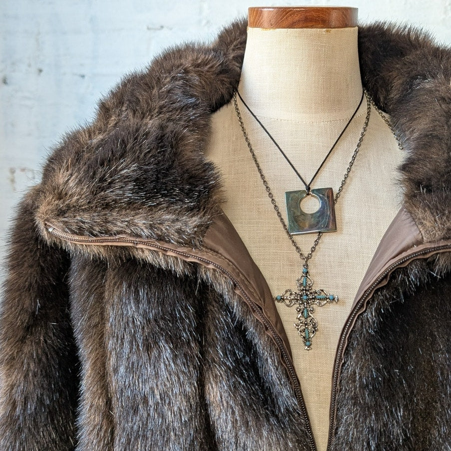 Vintage Dark Brown Faux Fur Coat Shaggy Mob Wife Grunge Minimalist Glam Jacket