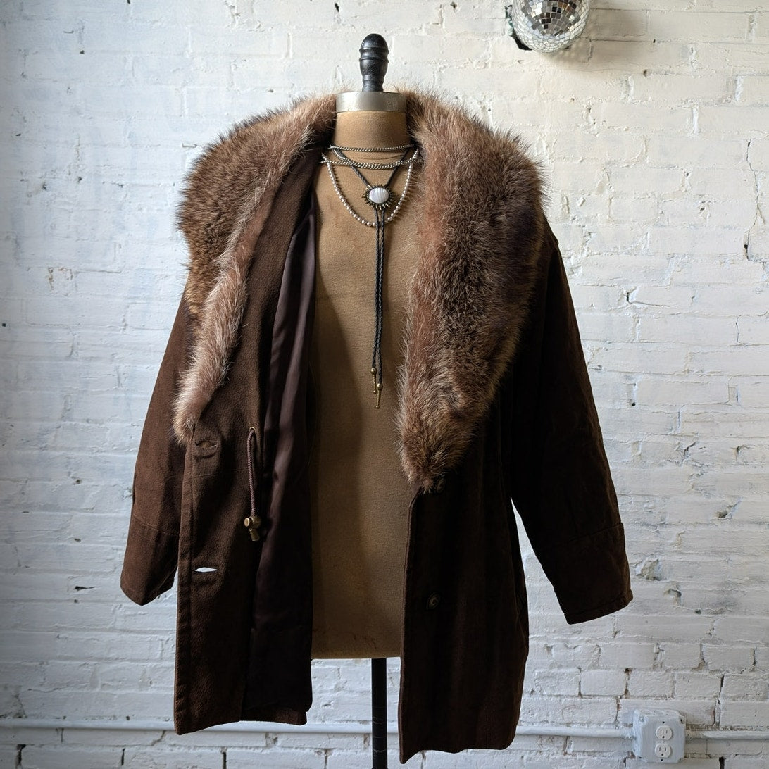 Vintage Brown Suede Coat Fur Trim Genuine Leather Minimalist Mini Trench Jacket