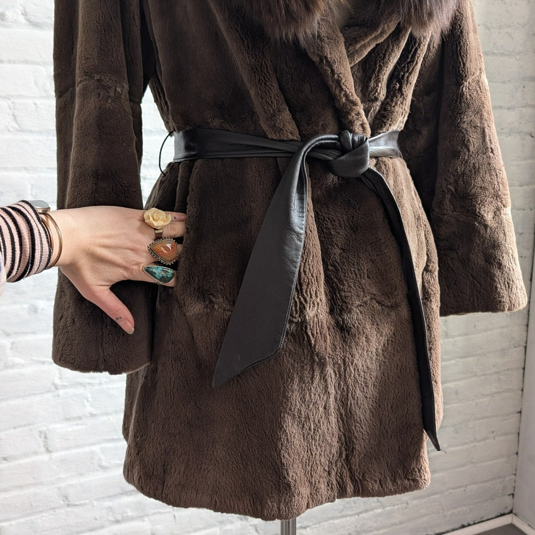 Vintage Brown Fox Fur Penny Lane Coat Mob Wife Leather Belted Furry Trench Coat