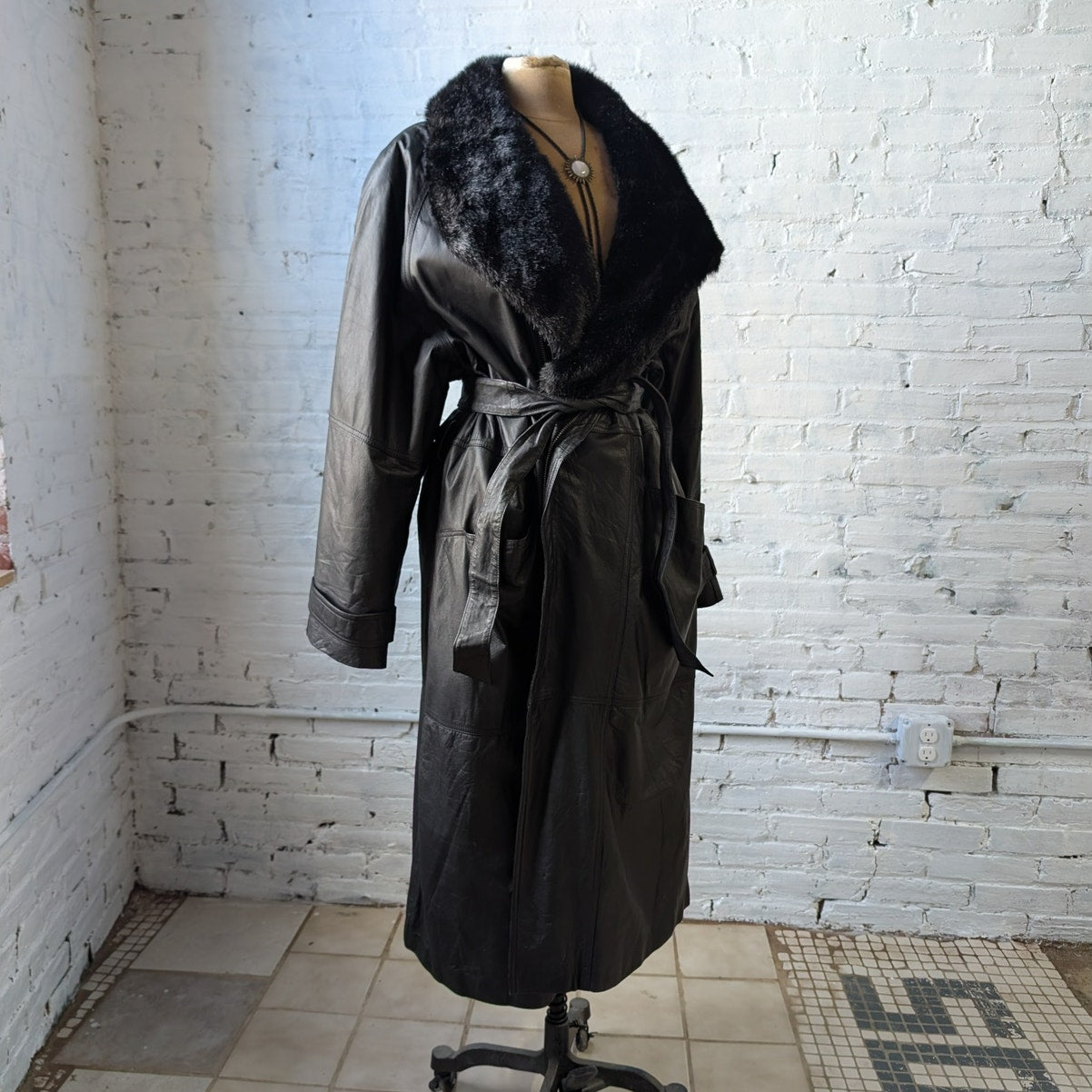 Vintage Black Leather Penny Lane Coat Faux Fur Trench Minimalist Goth Jacket