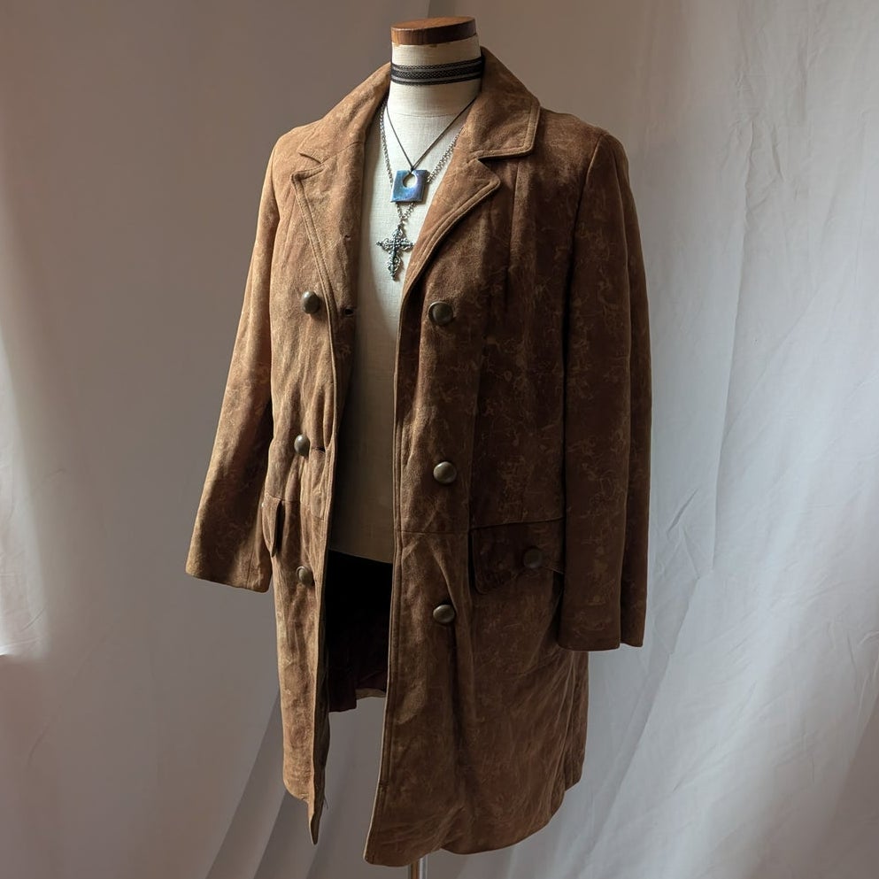 Vintage 70s Orange Brown Suede Leather Trench Coat S Western Boho Duster Jacket
