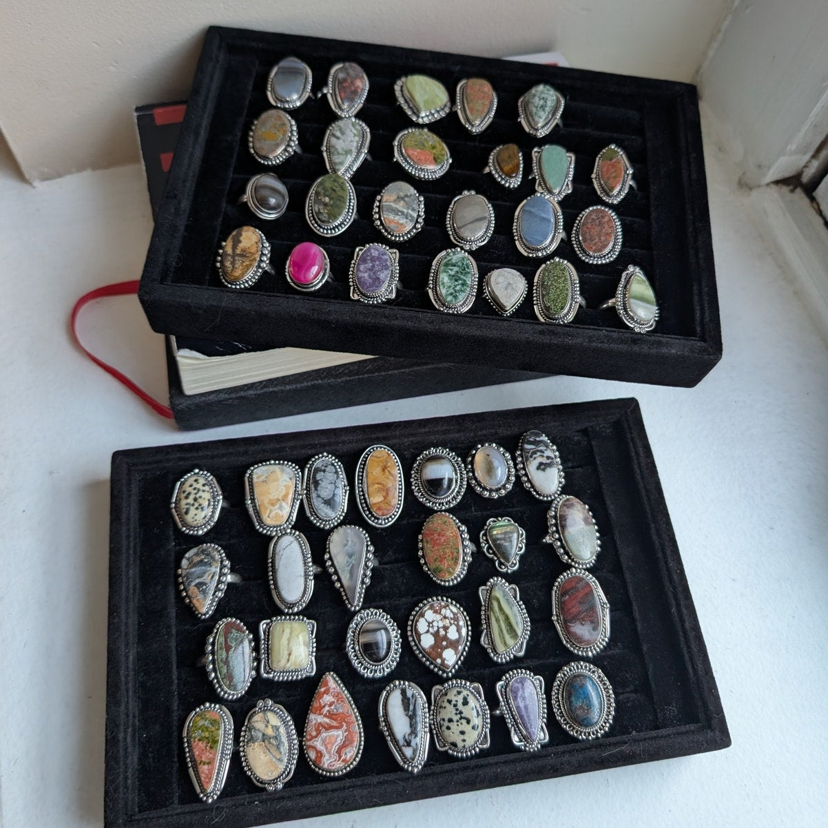 Oval Grey Statement Ring Sterling Silver Ring Vintage Boho Natural Stone Size 7