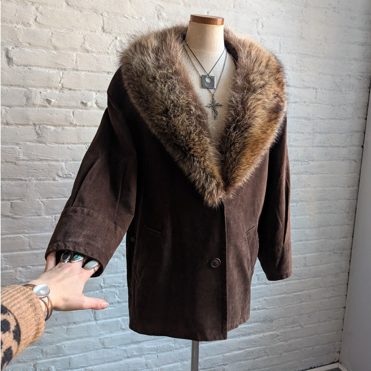 Vintage Brown Genuine Suede Fur Trim Coat Leather Minimalist Mini Trench Jacket