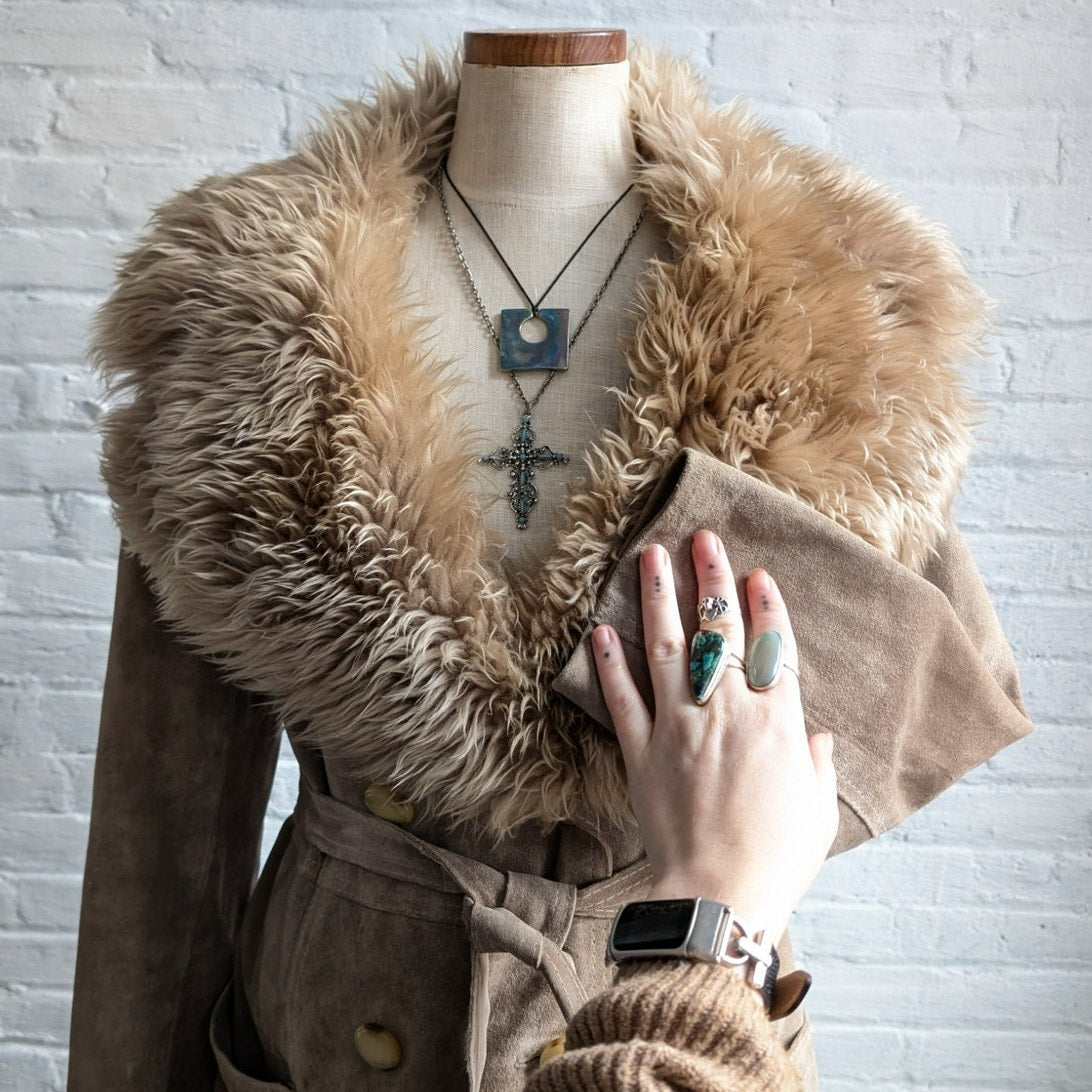 70s Vintage Brown Leather Penny Lane Coat Tan Suede Fur Groovy Boho Afghan Coat