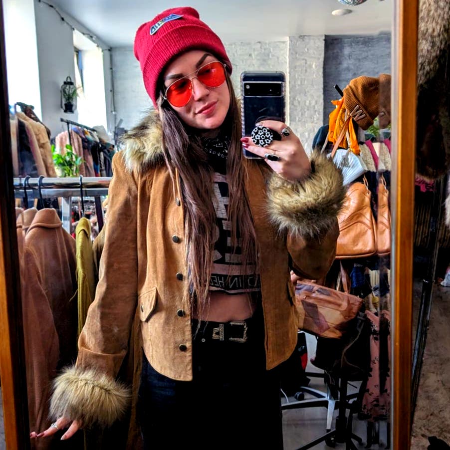 Y2K Vintage Furry Penny Lane Coat Genuine Suede Leather Vegan Fur Shag Jacket