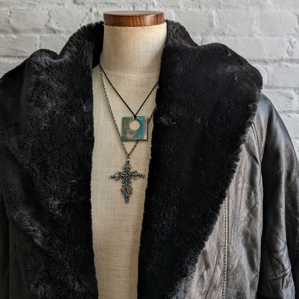 Vintage Black Genuine Leather Biker Jacket Hooded Faux Fur Grunge Duster Coat