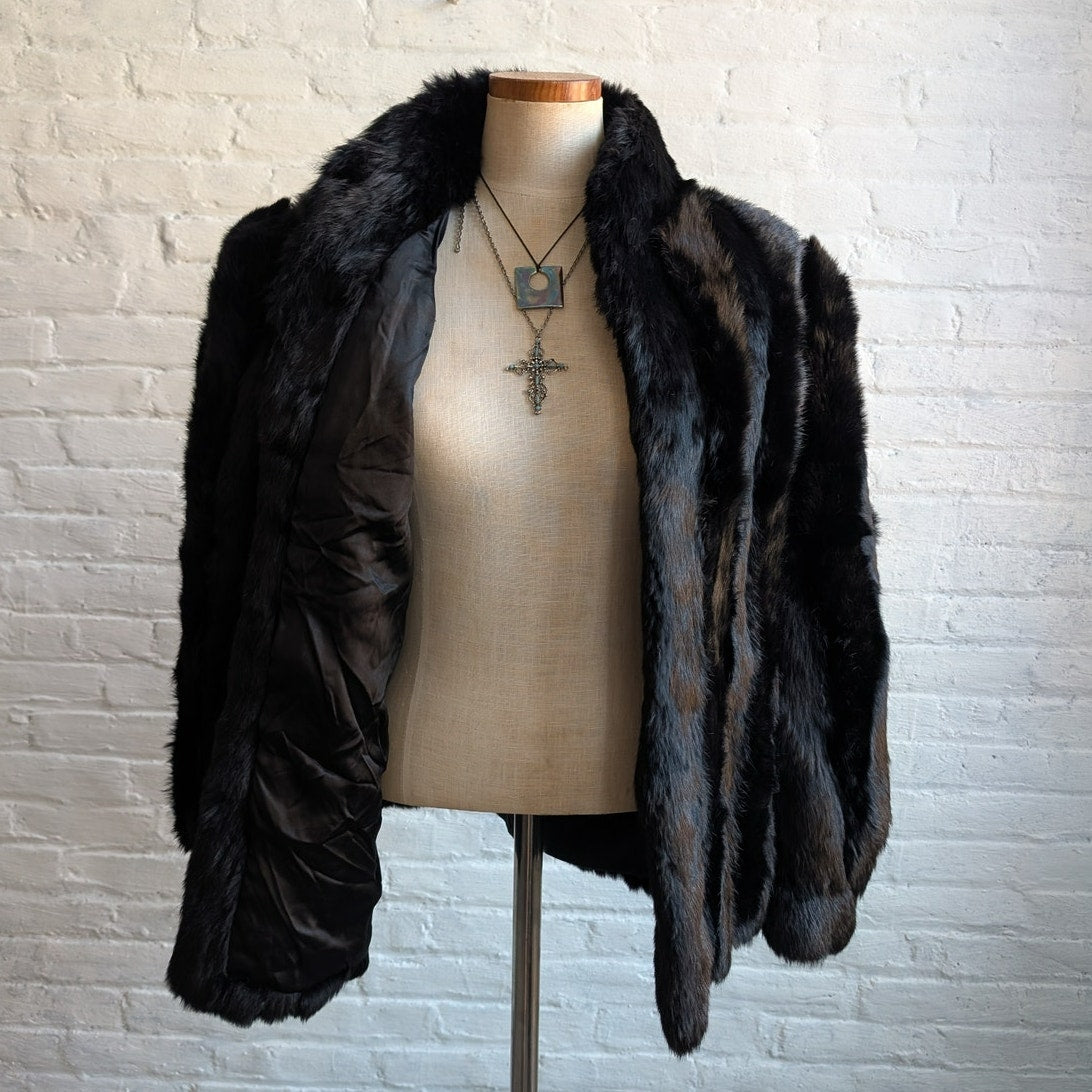 Vintage Jet Black Genuine Rabbit Fur Coat Minimalist Furry Fuzzy Bomber Jacket