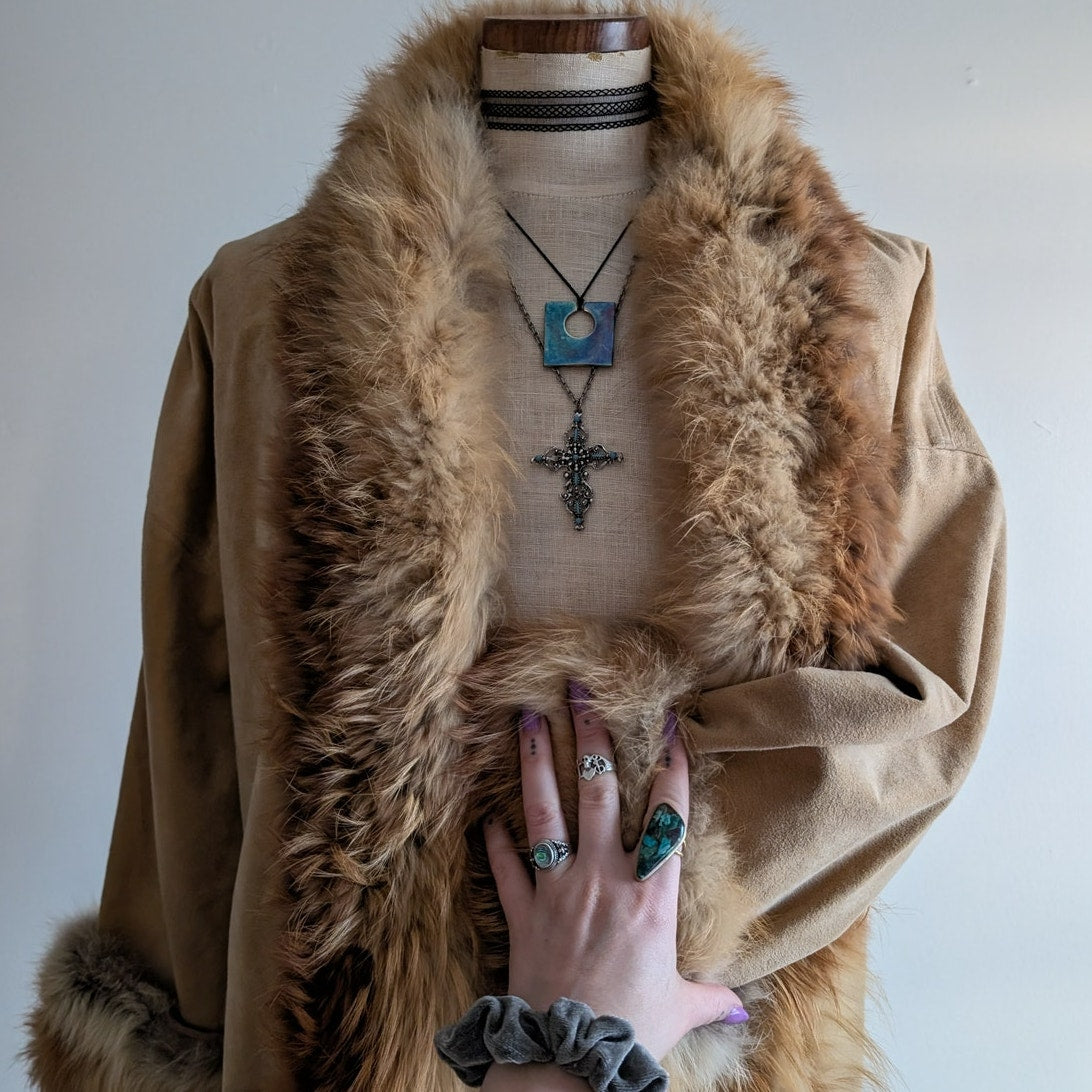 Vintage Tan Brown Afghan Jacket M 70s Shaggy Penny Lane Coat Red Fox Fur Trim