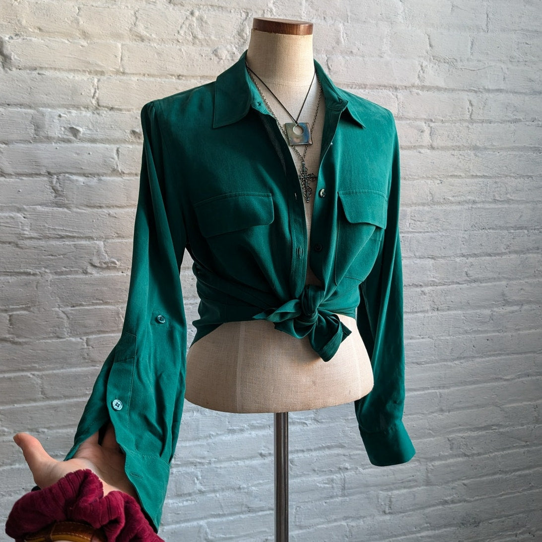NWT Vintage Green Silk Top Button Front Blouse Earthy Hunter Sage Green Medium
