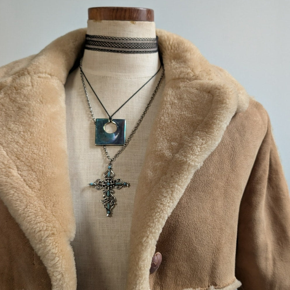 Vintage Brown Suede Shearling Coat Fur Coat Wool Minimalist Winter Jacket Medium