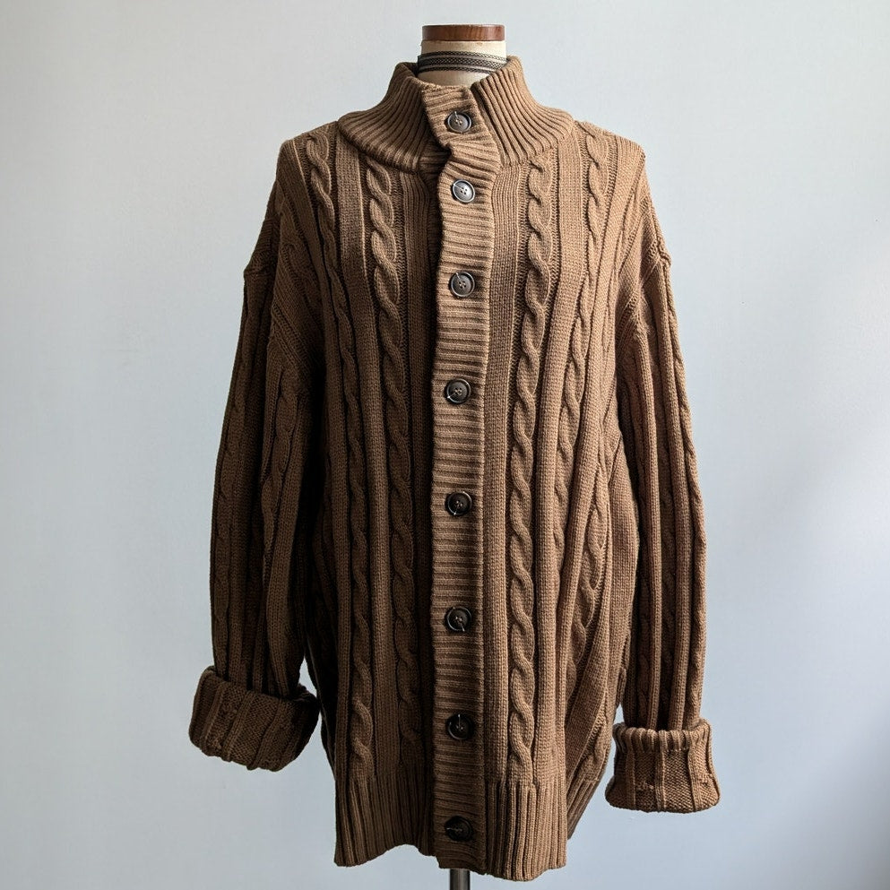 Vintage Brown Cable Knit Cardigan Chunky Grandpa Cosby Sweater Minimalist XL