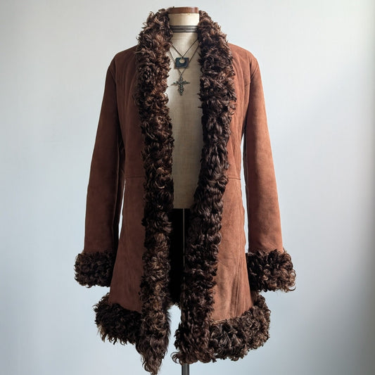 Vintage Brown Suede Penny Lane Afghan Trench Coat Fur Trim Leather Jacket Large